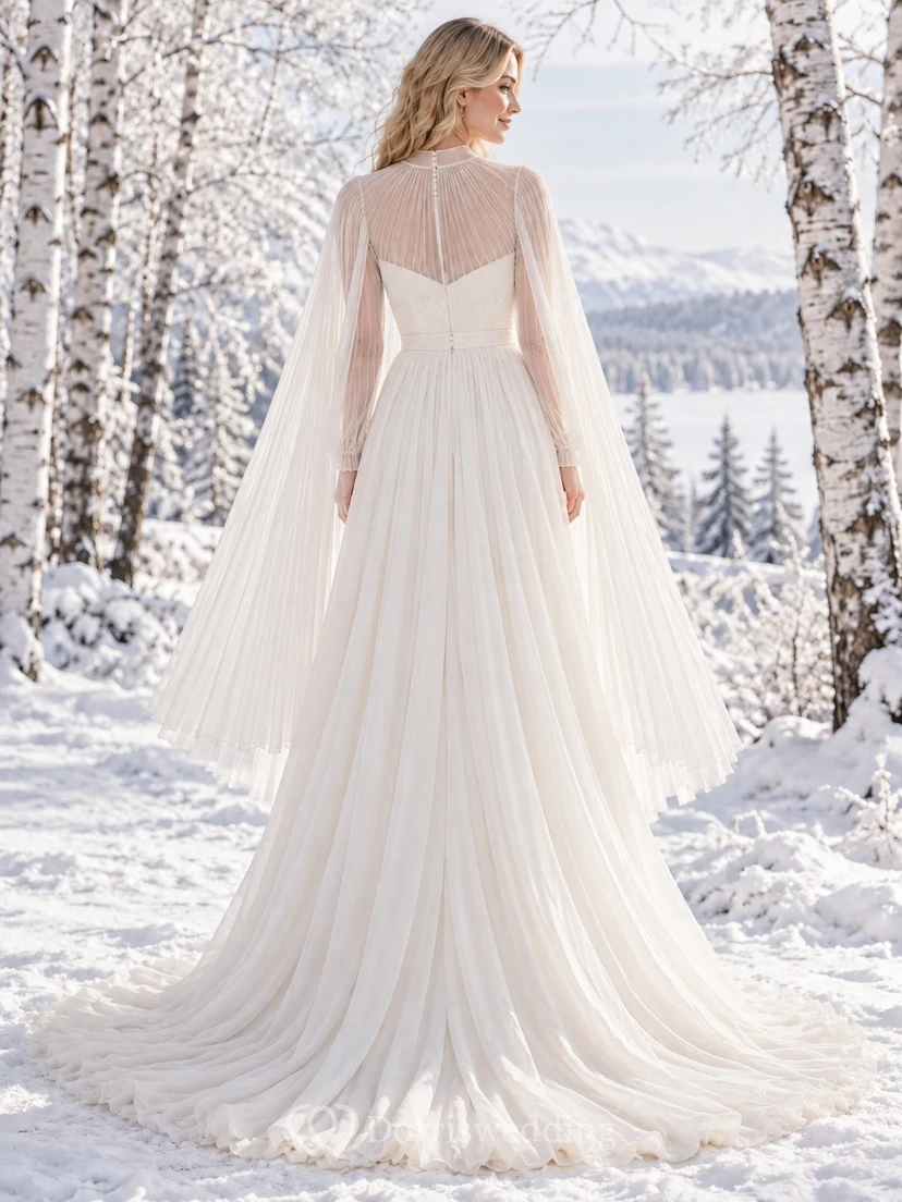 Vestido de novia de invierno de corte A con cuello alto, manga larga y capa plisada transparente view 2