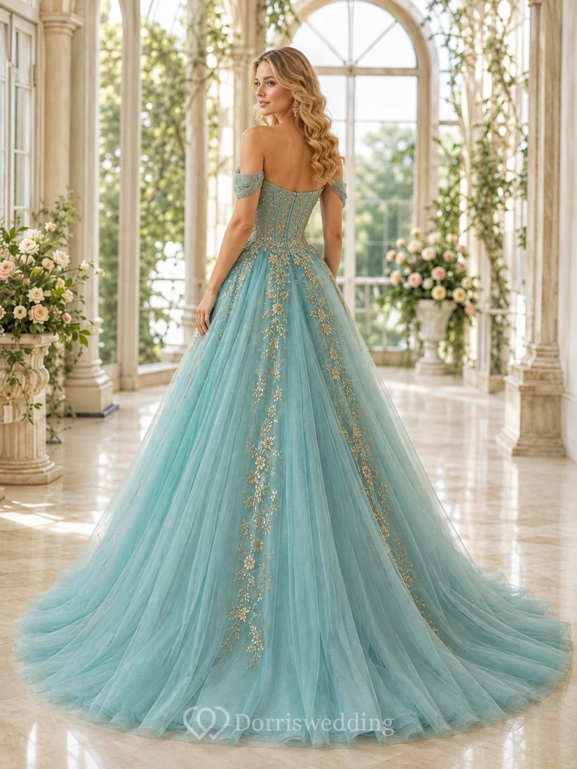 Dunkeltürkisfarbenes Brautkleid mit goldener Stickerei, langen Ärmeln, Meerjungfrauen-Schleppe und Kapellenschleppe
