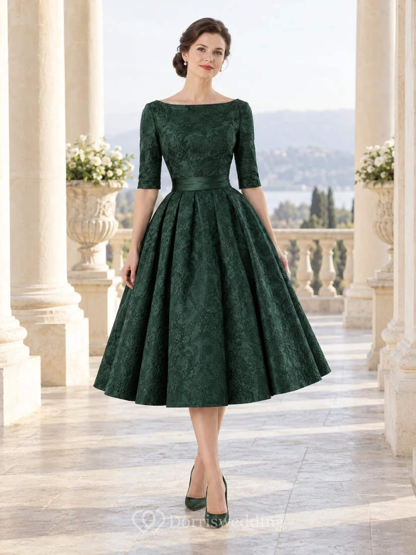 1950s Tea-length Dark Green Bateau Brocade Sleeve A-line Prom Dress