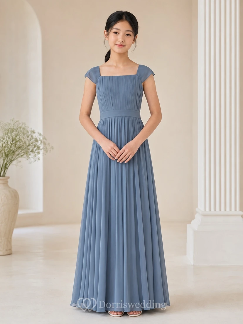 Steel Blue Junior Bridesmaid Dress A-Line Square Short Sleeve Pleated Simple