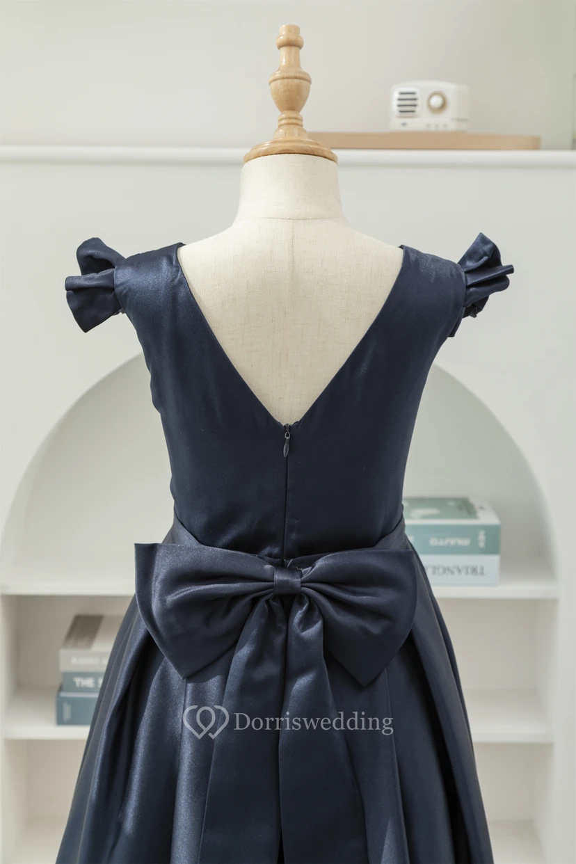 Satin Solid Cap Scoop-neck A-line Floor-length Flowergirl Dress with Low-v Back view 6