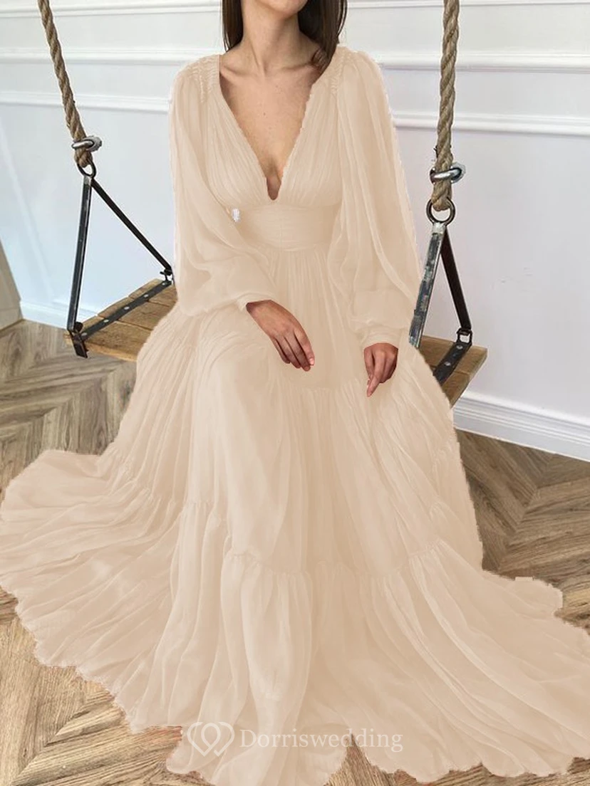 Sexy V-neck Puff Long Sleeve Chiffon Layered Empire Dress view 24