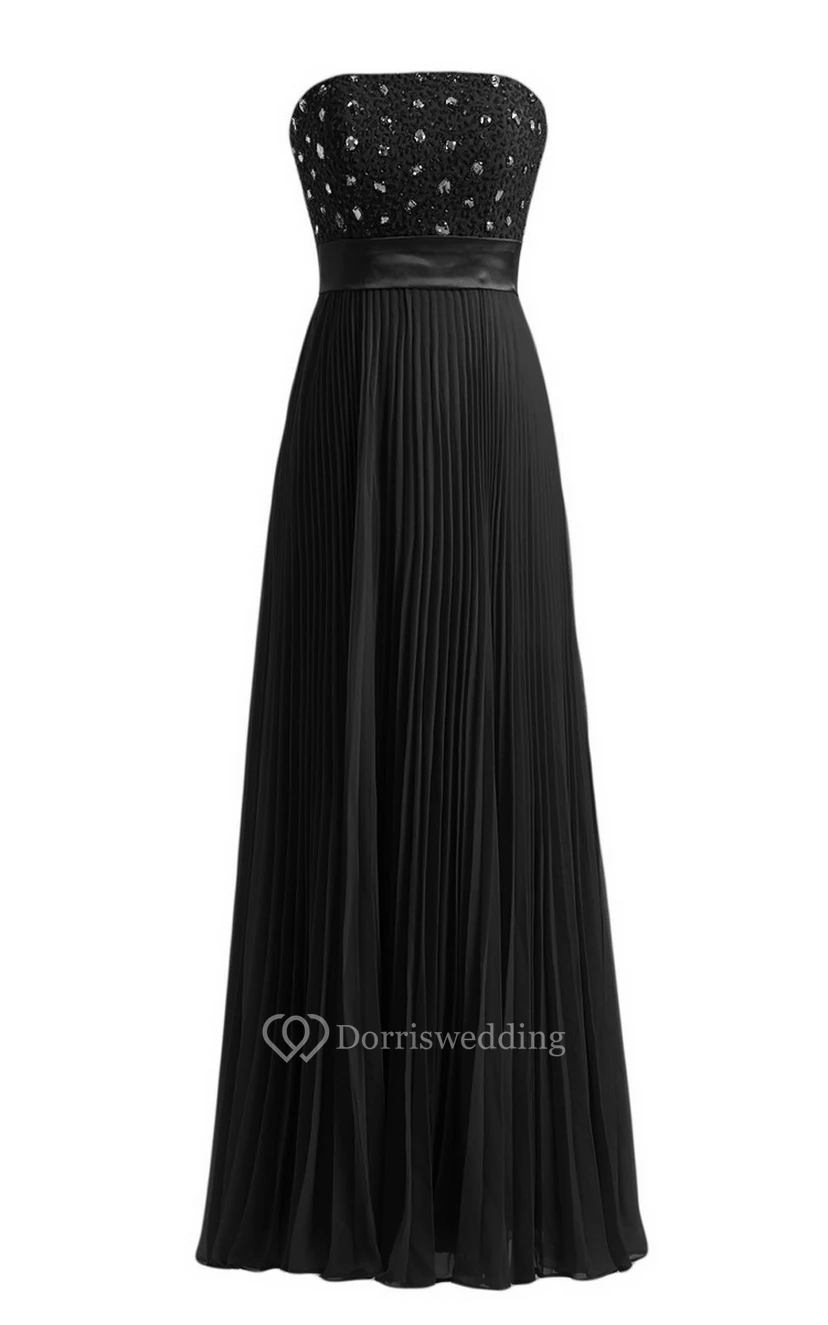 Strapless Empire Long Pleated Dress With Rhinestones view 3