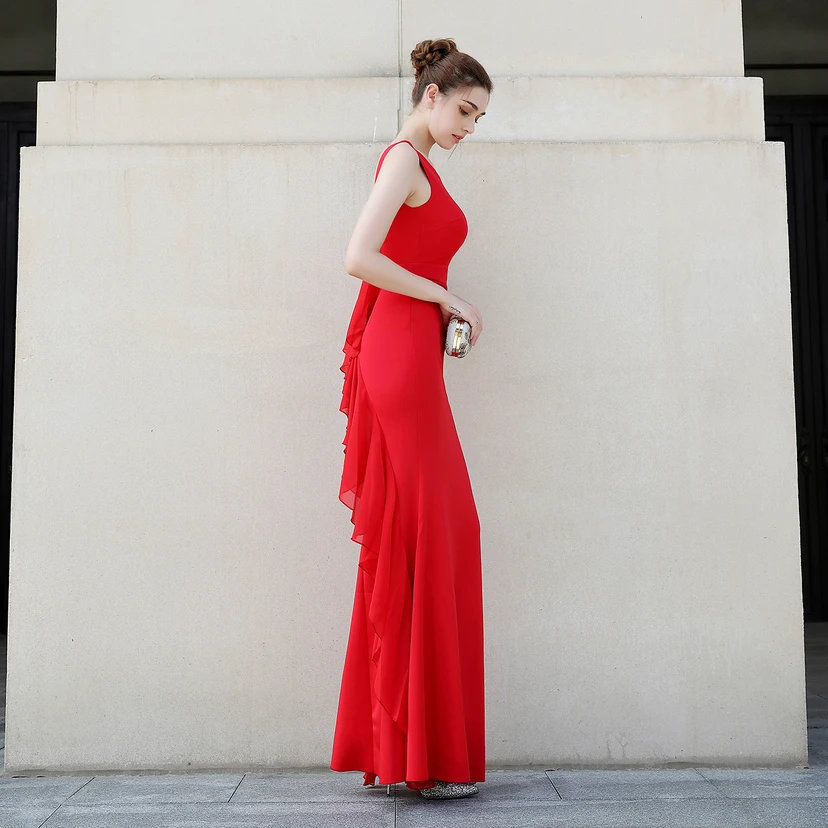 Abendkleid für die Braut, lang, ärmellos, rot, mit schmalem Meerjungfrauenschnitt, geeignet für Dankesbankette, Hochzeitsfeiern, Auto-Modelltreffen und Ausstellungen view 28