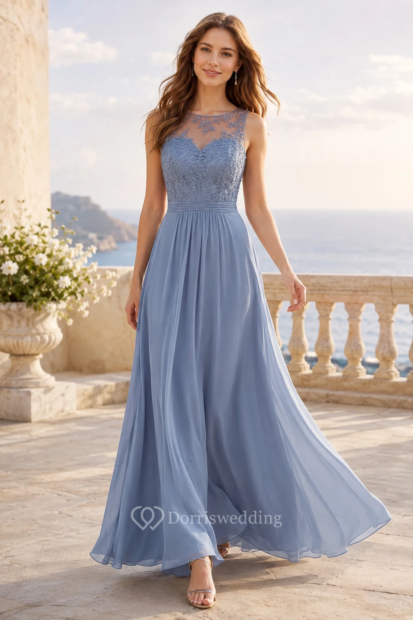 Steel Blue Lace Chiffon A-Line Formal Dress