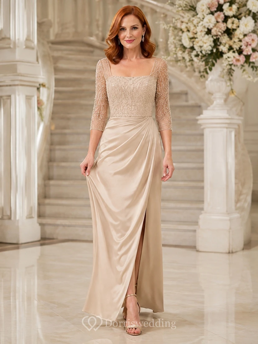 Champagne Square Neck Lace Sleeve Ruched Mermaid Sweep Train Elegant Gown