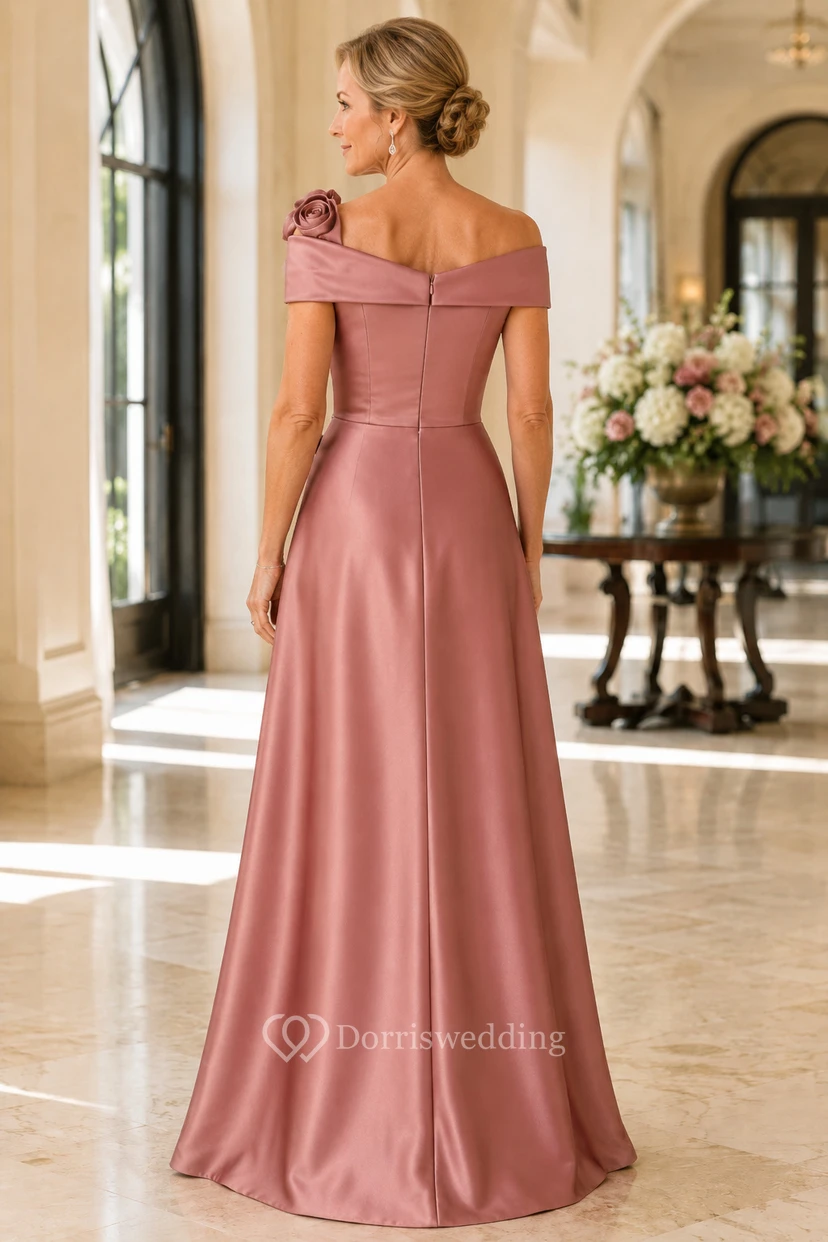 Altrosa schulterfreies Satin-Mutterkleid mit Blumenmuster view 2