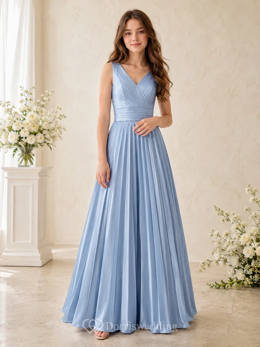 Hellblaues Brautjungfernkleid für junge Damen, A-Linie, V-Ausschnitt, ärmellos, elegant, aus Satin