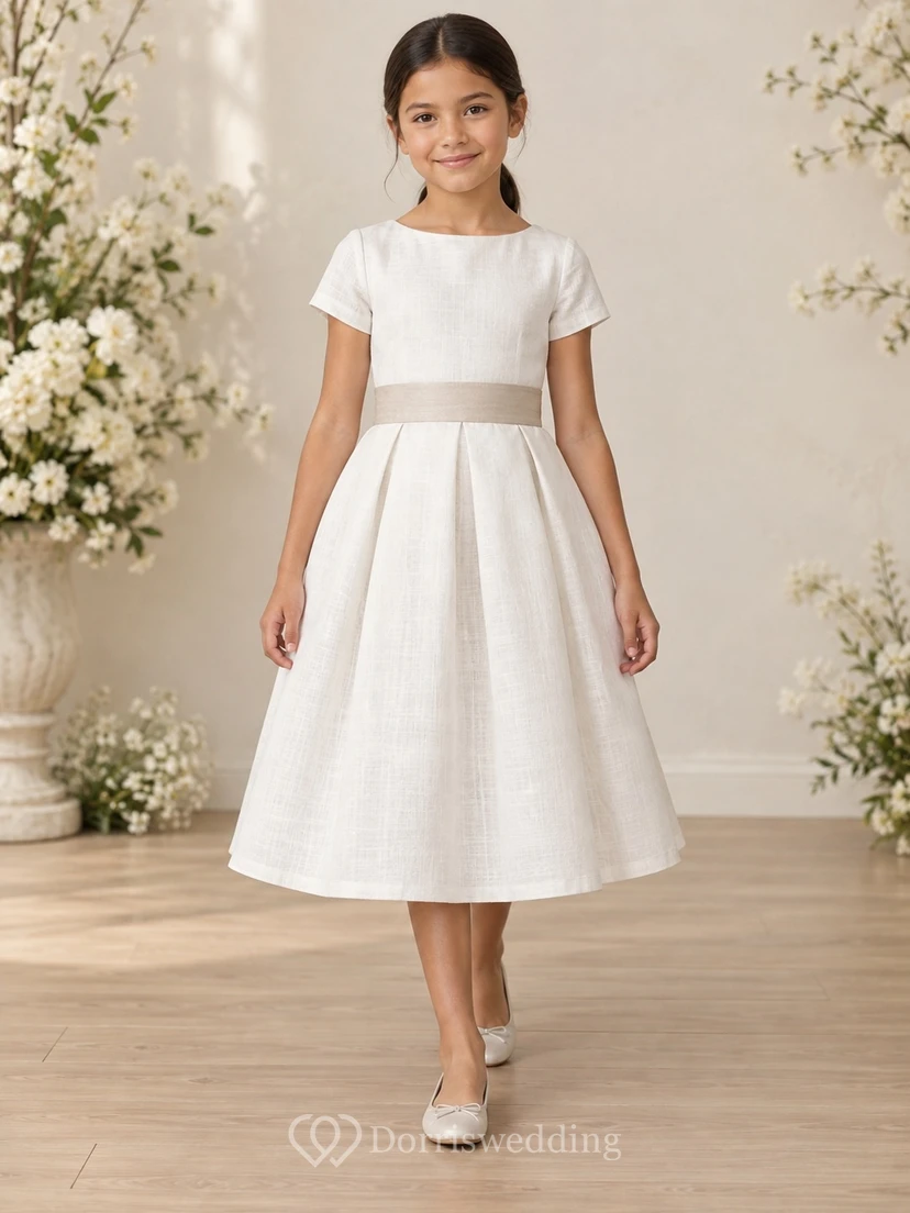 Simple Modest White Tea-length Short Sleeve Narrow Taupe Band Pleated Flower Girl Dress view 2