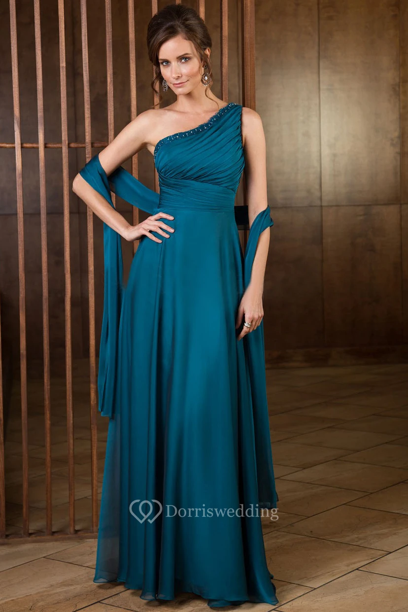 Langes, einseitig schulterfreies A-Linien-Kleid für die Mutter der Braut mit Schal und Pailletten