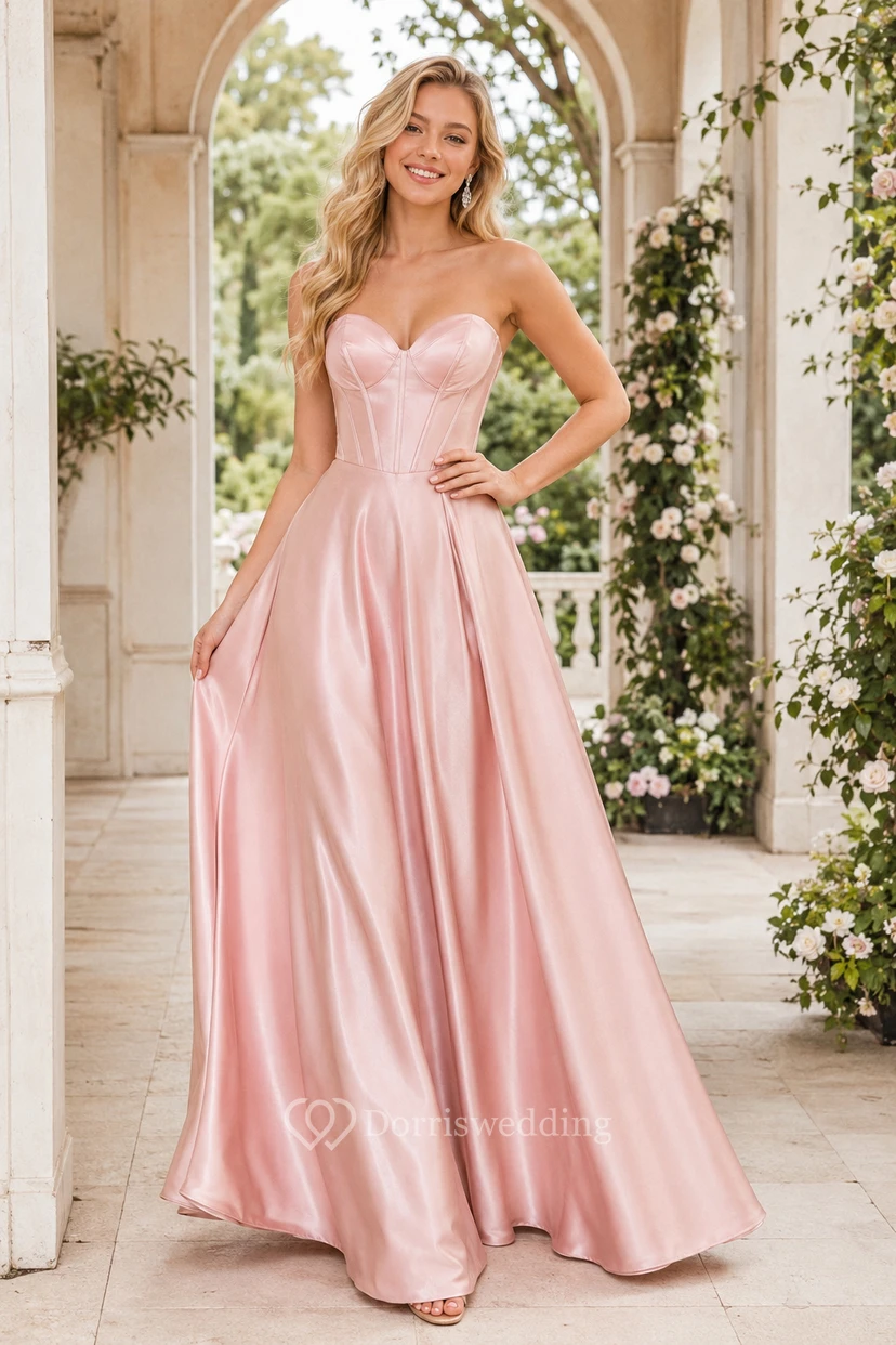 Zartrosa A-Linien-Abendkleid aus Satin mit trägerlosem, herzförmigem Oberteil