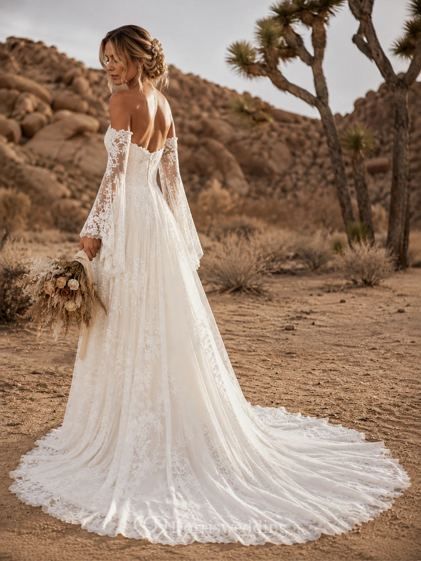 Off-the-Shoulder Boho Wedding Dress with Long Lace Sleeves, Sweetheart Bodice & A-Line Train view 2