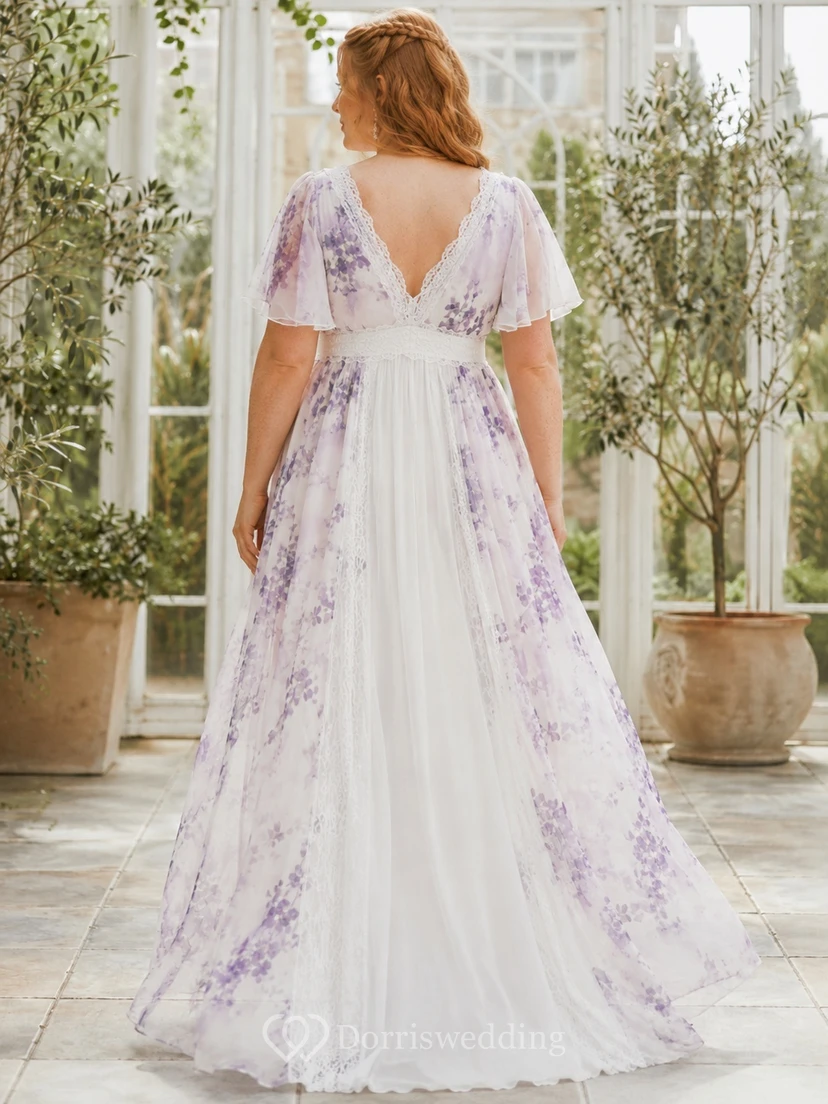 Lavender Floral Plus Size Empire A-Line Chiffon Bridal Dress V-neck Short Sleeve Sweep Train view 2