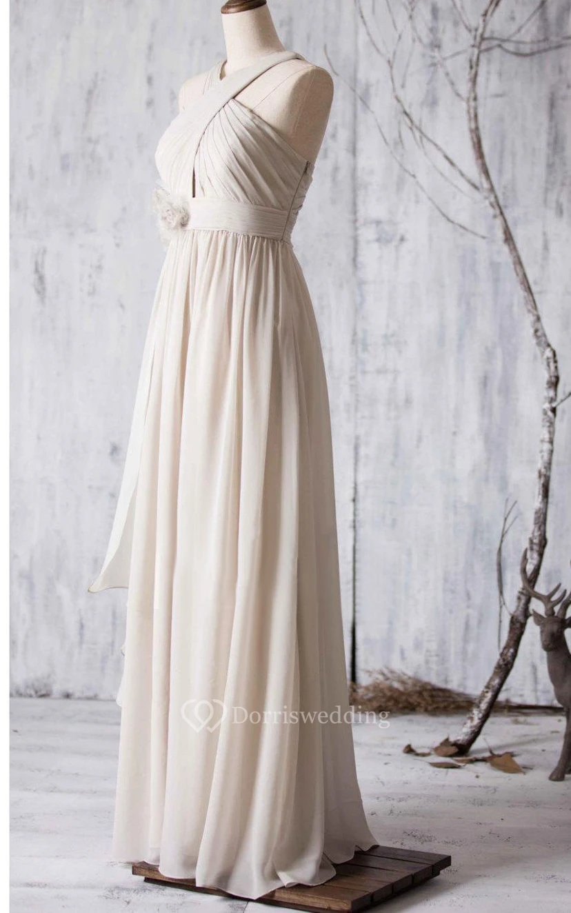 Criss Cross Top V Back A-line Pleated Chiffon Long Dress With Side Drop view 2