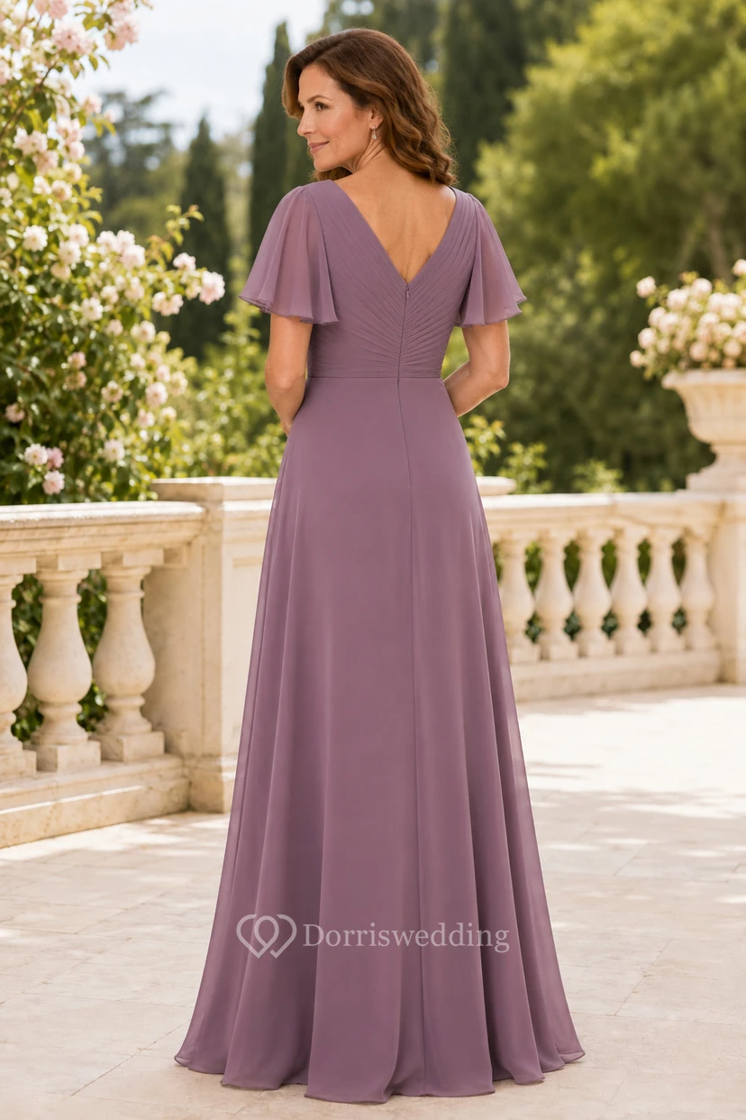 Vintage-Mutterkleid aus mauvefarbenem Chiffon mit V-Ausschnitt, A-Linie und flatternden Ärmeln view 2