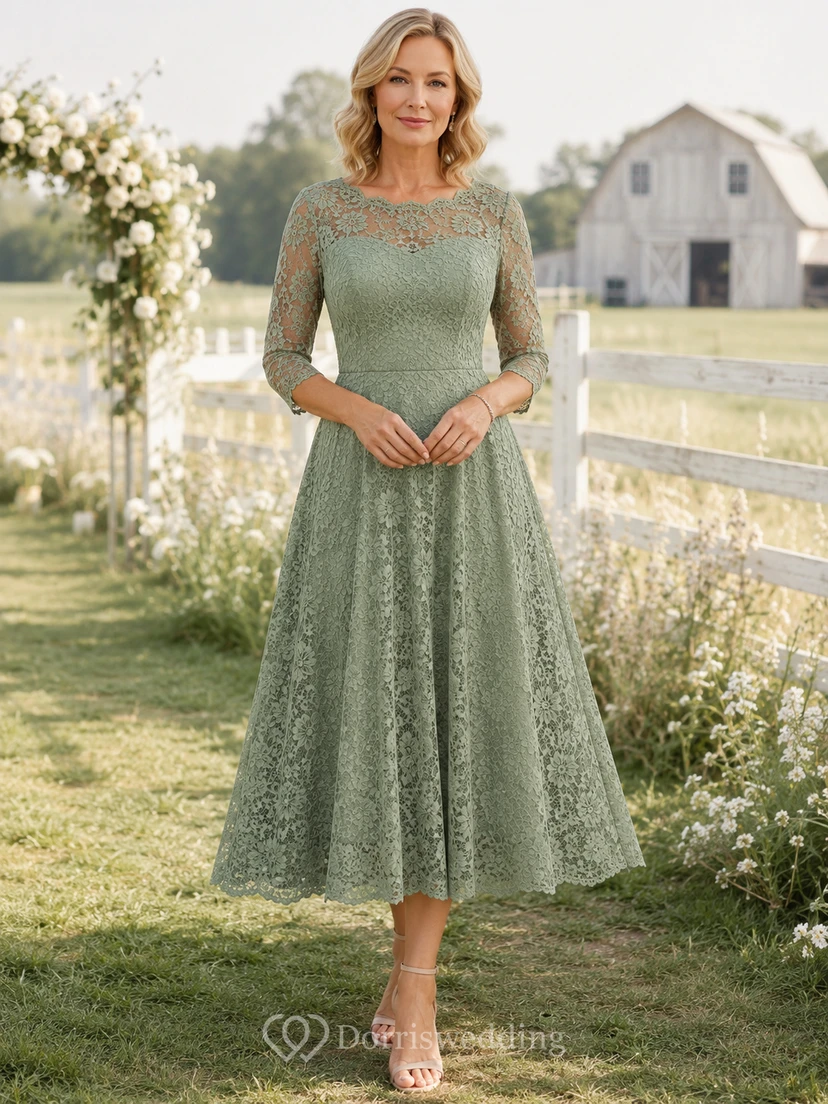 Salbeigrünes Vintage-Kleid im Landhausstil mit Muschelkanten, Dreiviertel-Ausschnitt, Illusionsspitze, A-Linie und Teelänge – perfekt für die Mutter des Bräutigams