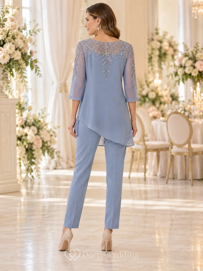 Steel Blue Beaded Illusion Neck Tapered Formal Guest Pantsuit view 2