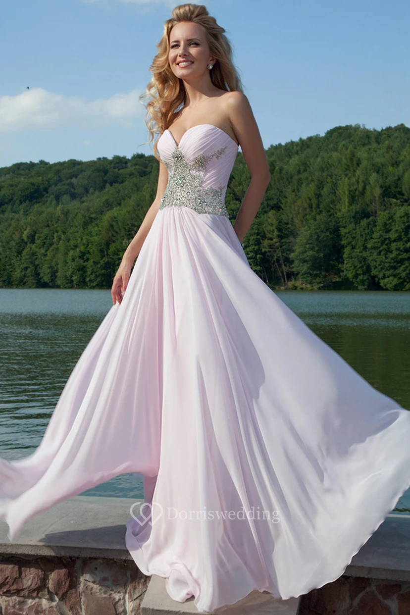 Ruched Sleeveless Maxi Sweetheart Chiffon Prom Dress With Beading And Pleats