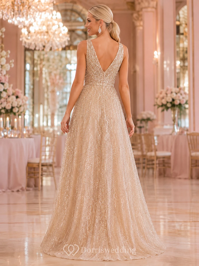 Champagnerfarbenes, paillettenbesetztes und perlenbesetztes A-Linien-Abendkleid mit V-Ausschnitt, perfekt für Prominente view 2