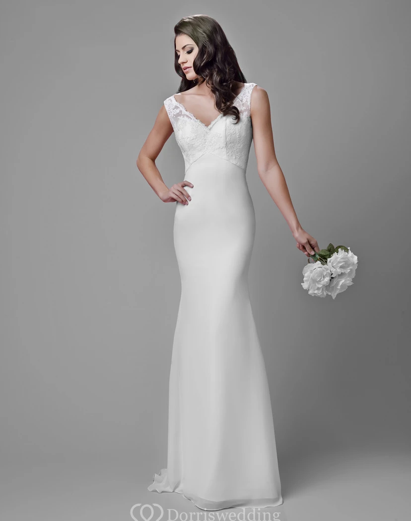 V-Neck Sleeveless Sheath Chiffon Gown With Lace Bodice