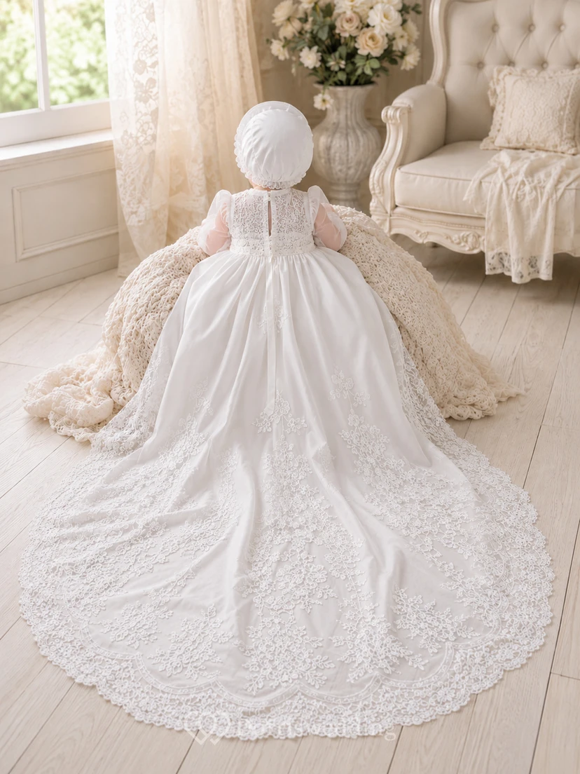 Luxury Modest Baby Baptism Christening Ceremony Gown Ball Gown Floor-Length Chapel Train Jewel Neck Long Sleeve Tulle Lace Button Back view 2