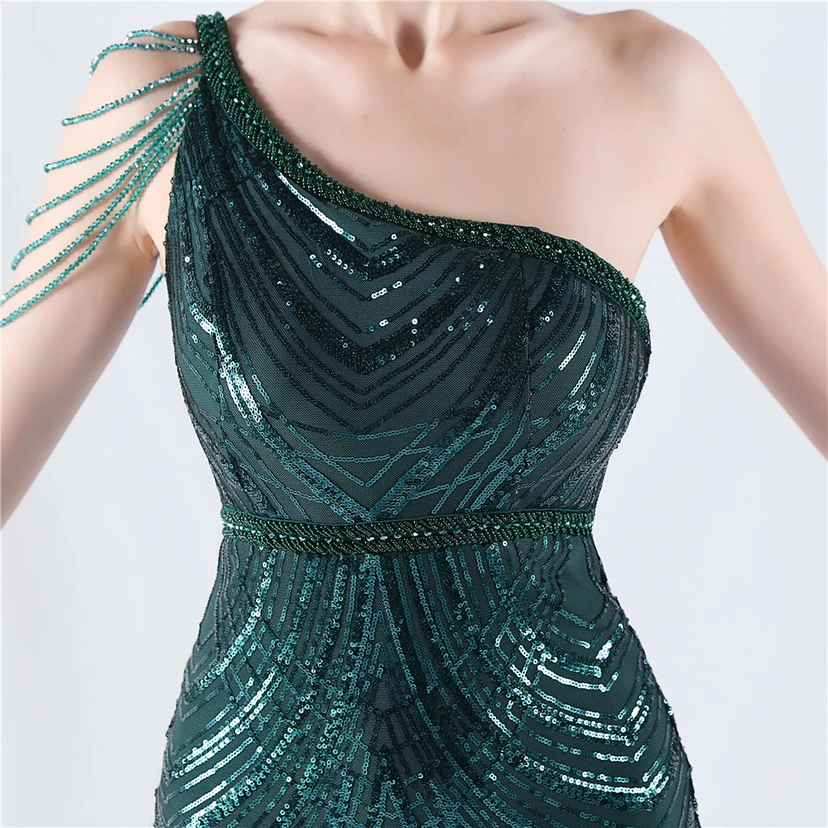Positioning Flower Beaded Craft Beaded One-Shoulder Oblique Collar High Slit Evening Dress view 38