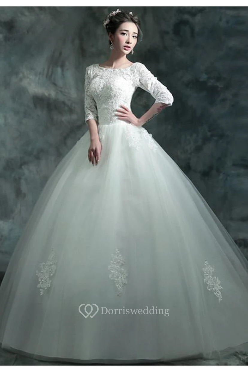 Modern Lace Appliques 3-4-Long Sleeve Wedding Dress Sweep Train