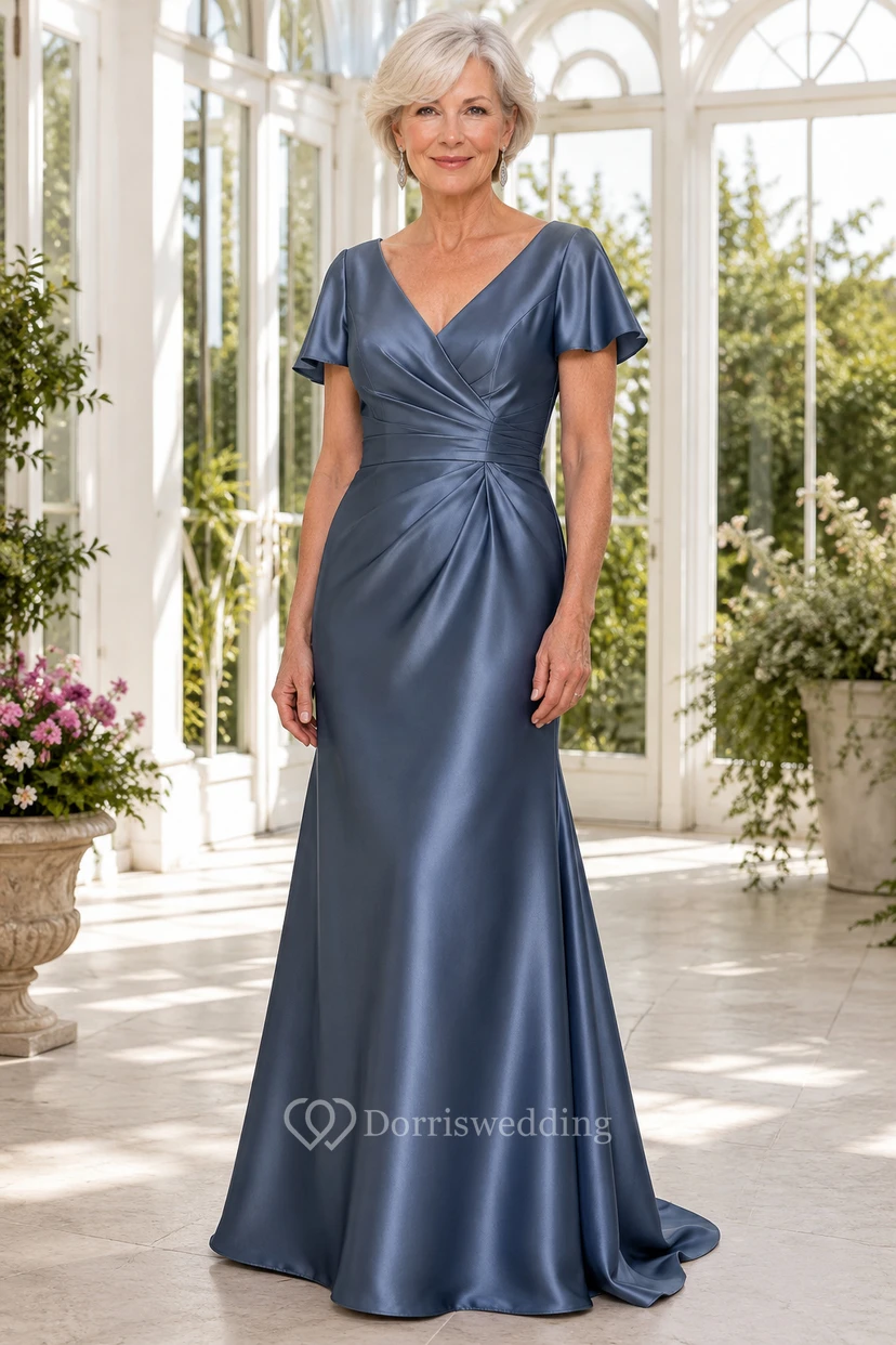 Stahlblaues Meerjungfrauen-Mutterkleid aus Satin mit flatternden Ärmeln