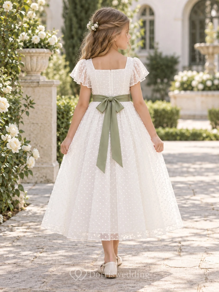Vestido de niña de flores color marfil con escote cuadrado, corte en A, tul, mangas con volantes, largo hasta los tobillos y estampado de lunares, con fajín verde salvia. view 2