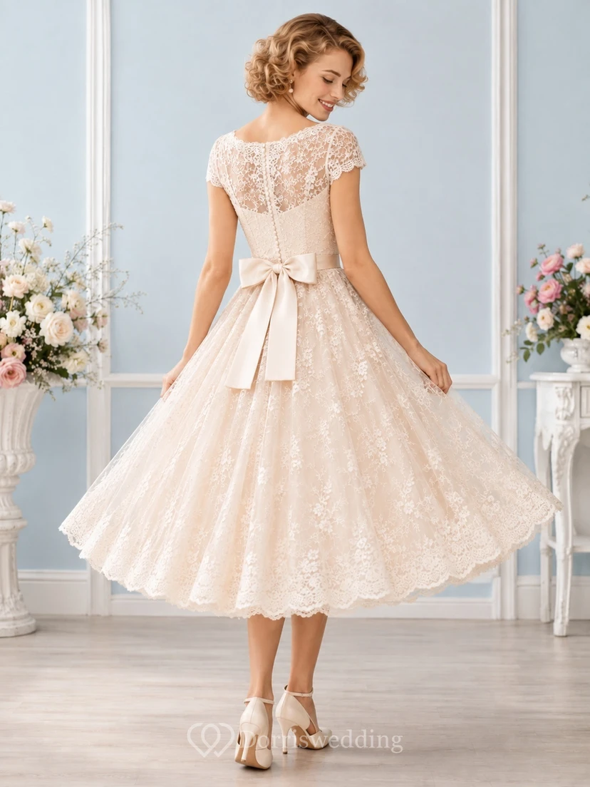Romantisches Vintage-Brautkleid mit Teelänge, U-Boot-Ausschnitt, kurzen Ärmeln, Spitze, A-Linie und Schleife view 2