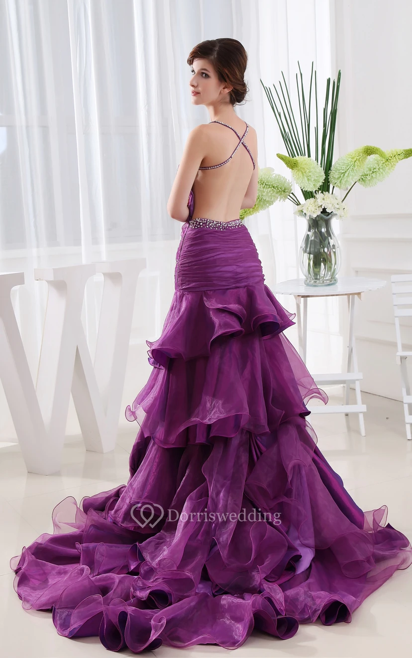 Strapped Sleeveless Ruffled Dress With Beading and Brush Train view 8