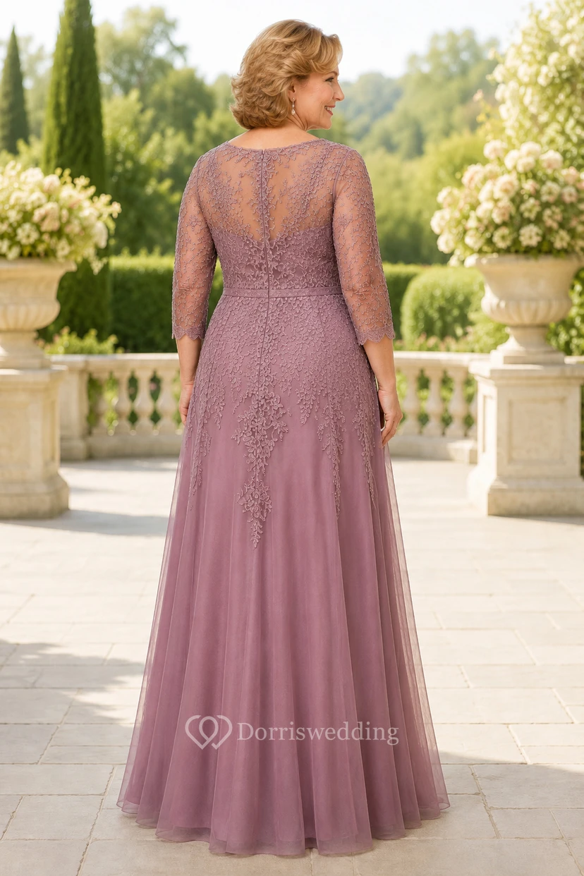 Mauvefarbenes Tüllkleid in A-Linie in Übergröße mit Spitzenärmeln view 2