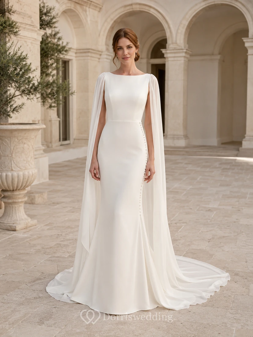 Robe de mariée fourreau en satin à col bateau, décolleté plongeant et traîne chapelle
