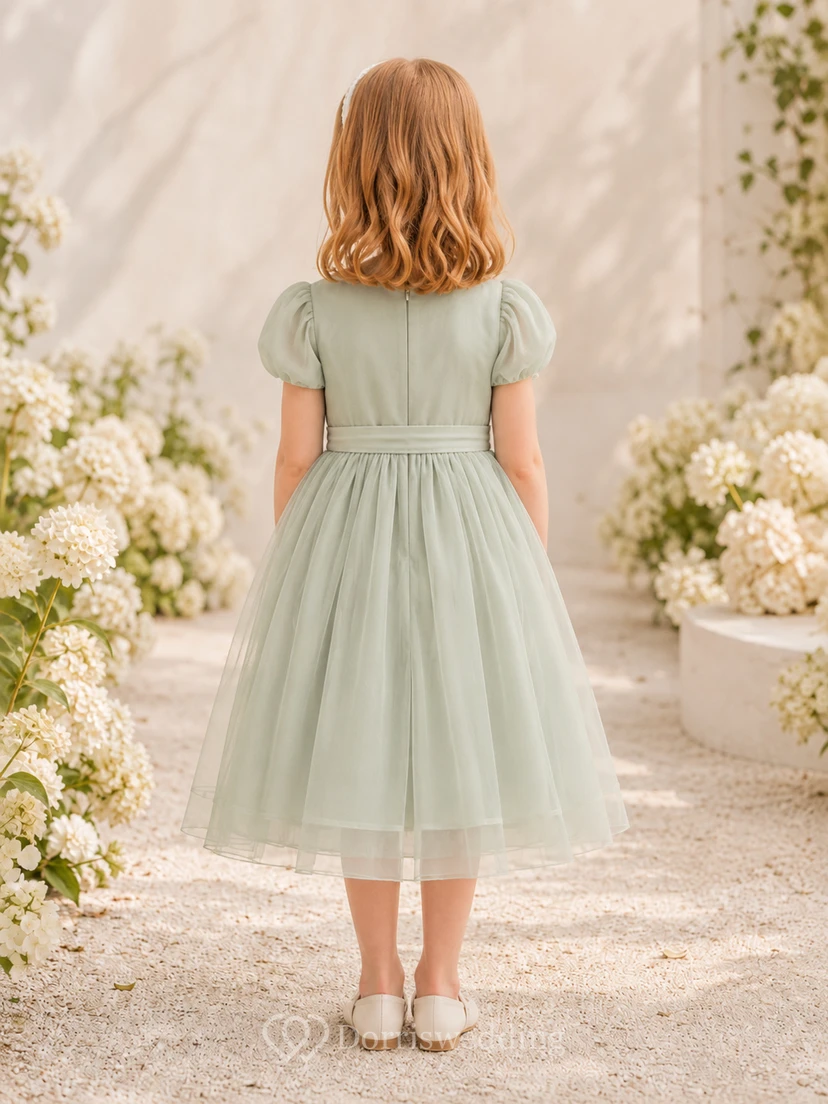 Sage Puff Sleeve Tulle A-Line Flower Girl Dress with Jewel Neck, Tea-Length Skirt and Sash Detail view 2