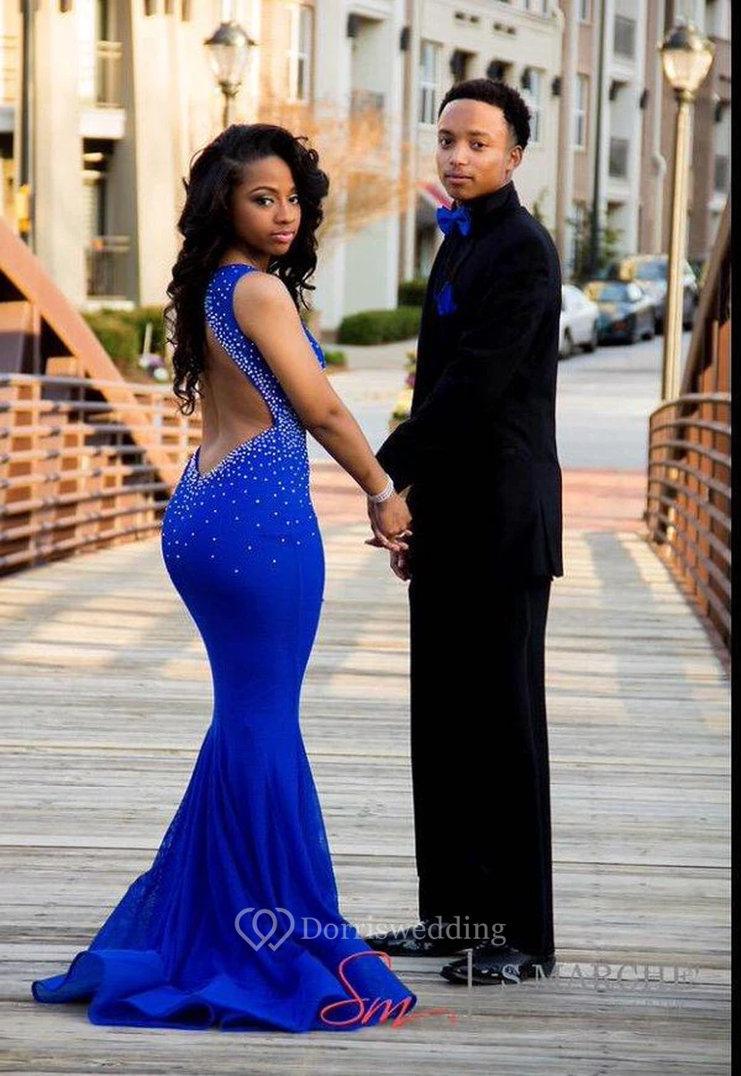 Sexy Royal Blue Mermaid Beadings Prom Dress Open Back view 3