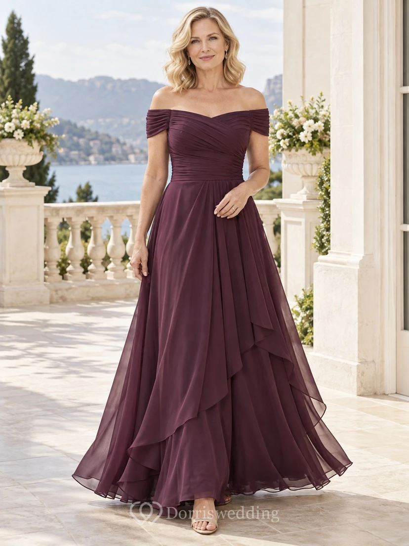 Plum Formal Off-the-Shoulder Ruched Chiffon Cascading-Ruffle Floor-Length A-Line Evening Gown