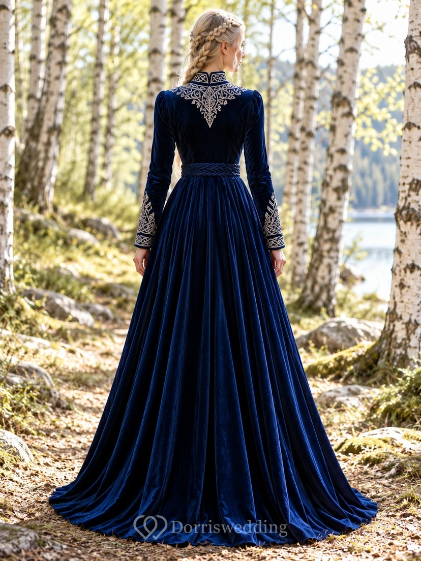 Viking High Neck Long Sleeve Dark Navy Velvet Embroidered Bridesmaid Gown view 2