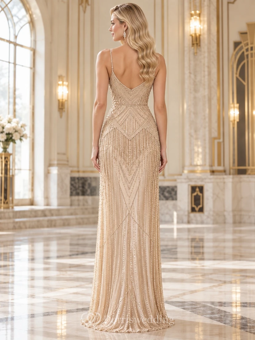 Vintage Champagnerfarbenes Etuikleid mit Spaghettiträgern, V-Ausschnitt, geometrischer Perlenstickerei und taillierter Passform – langes Brautjungfernkleid view 2