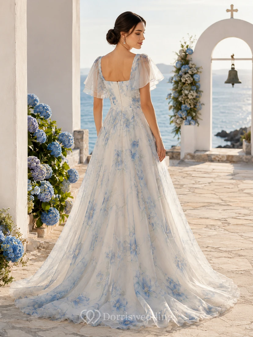 Blaues, florales Organza-Brautkleid mit eckigem Ausschnitt für den Strandlook view 2