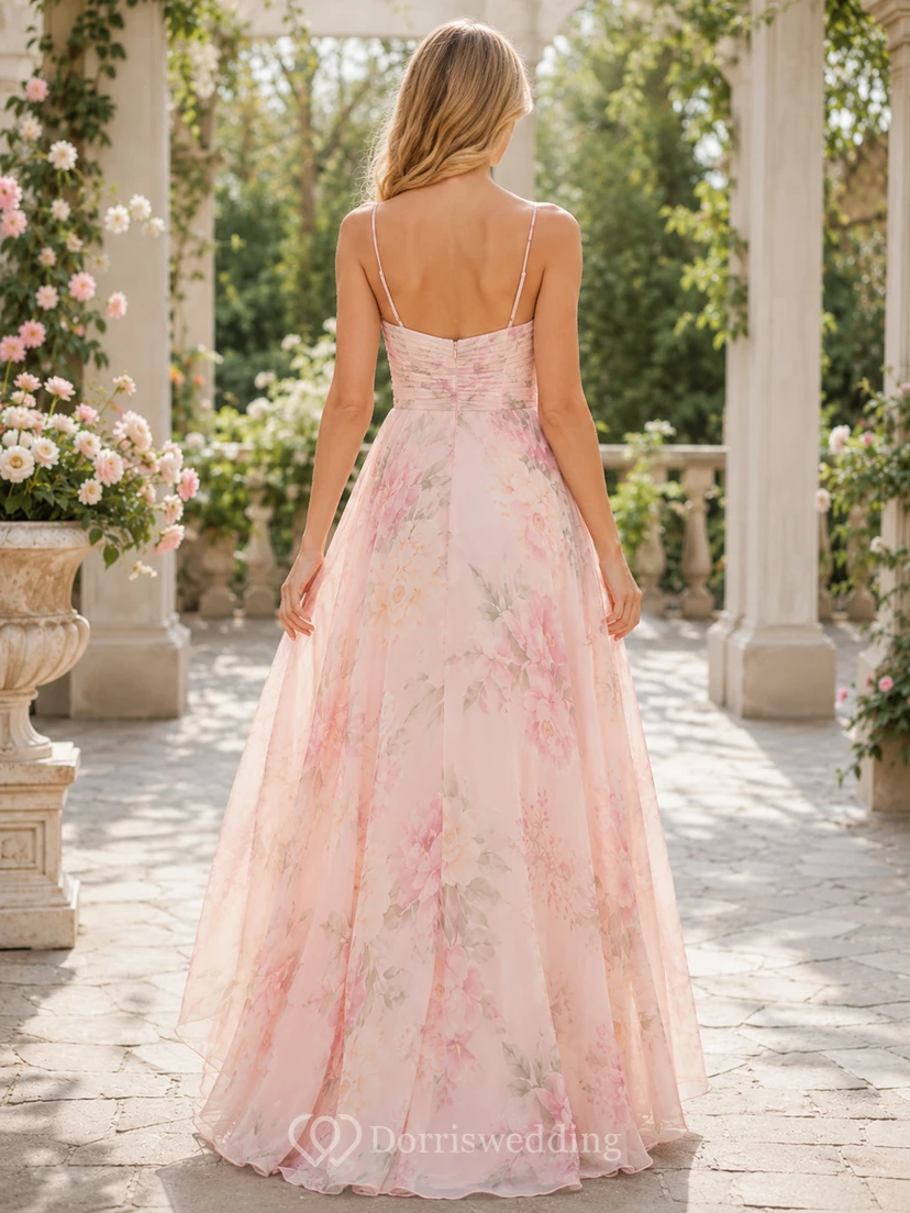 Blush Floral Strapless Chiffon A Line Floor Length Bridesmaid Dress view 2