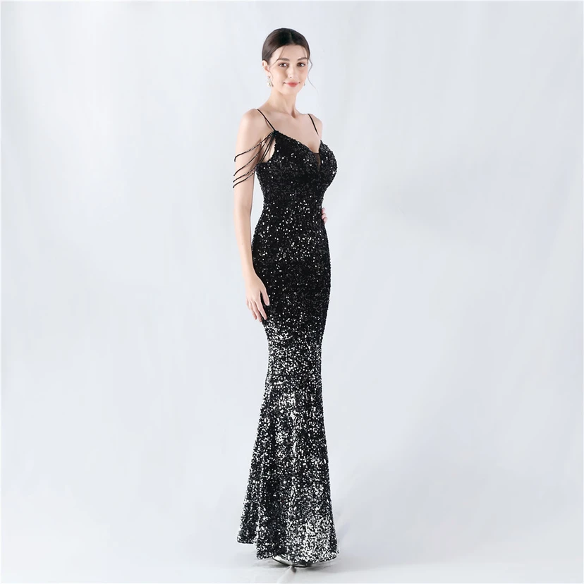Velvet-Bottom Gradient Sequined Sexy Beaded Suspender Evening Dress view 33