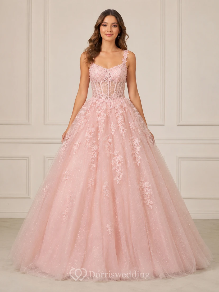Ballkleid aus Spitze mit herzförmigem Ausschnitt, ärmellos und mit Blumenapplikationen, bodenlang
