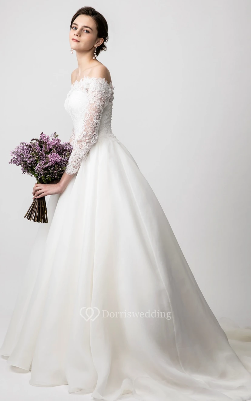 Sencillo vestido de baile de organza hasta el suelo, vestido de novia de manga larga con fruncido.
