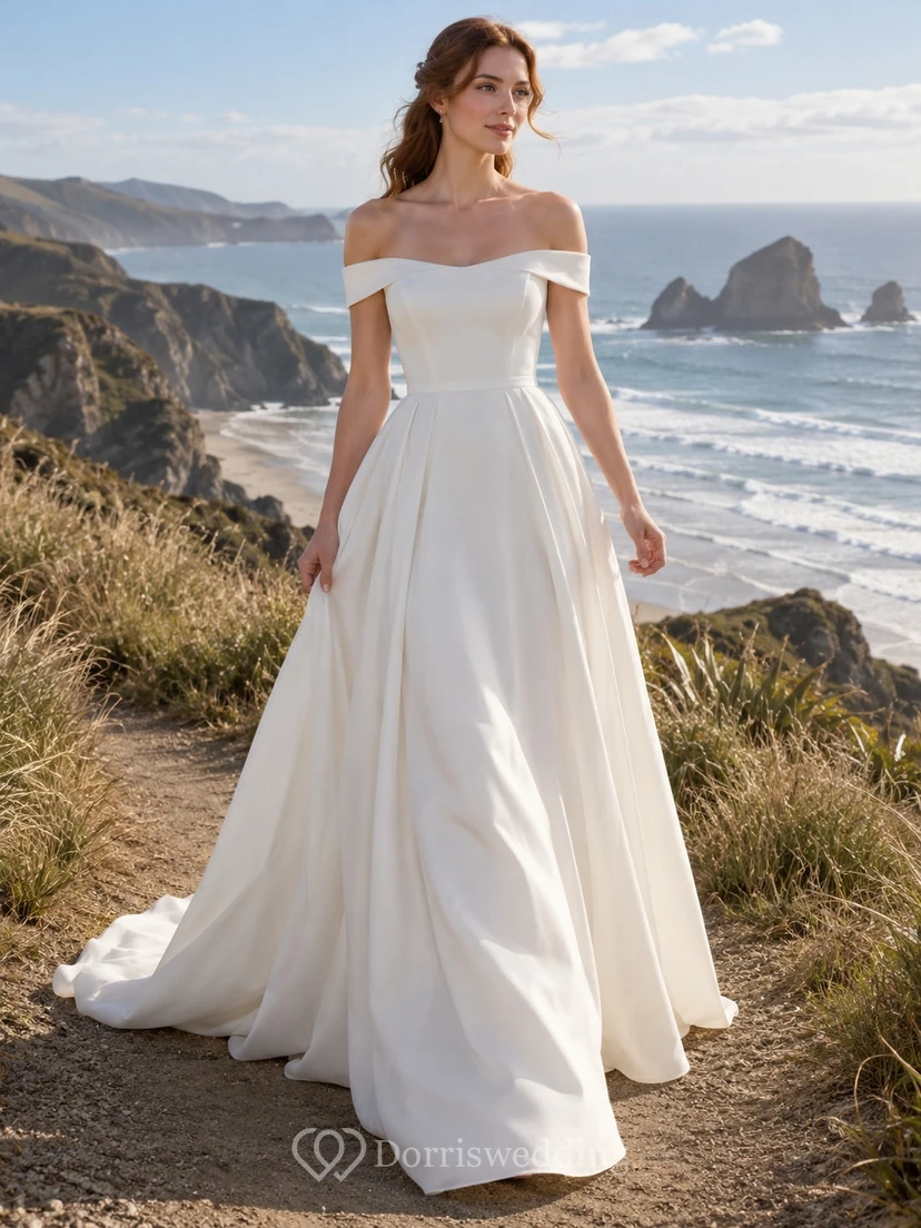 Einfaches schulterfreies A-Linien-Brautkleid mit Schleppe und natürlicher Taille