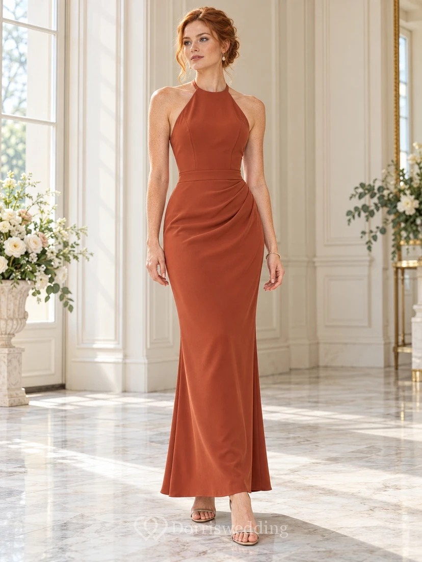 Simple Rust Halter Draped Fitted Ankle-length Wedding Guest Dress