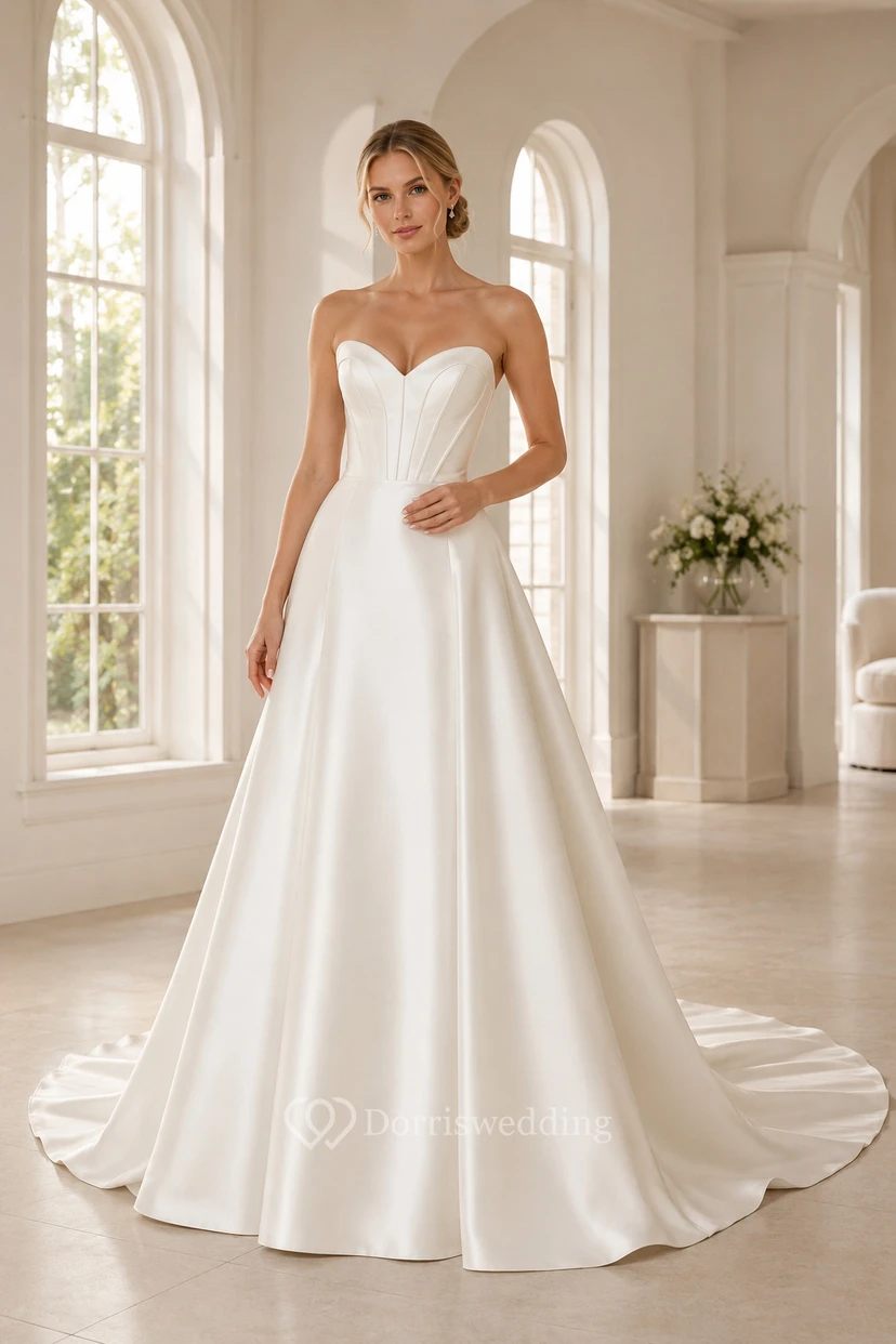 Trägerloses A-Linien-Brautkleid aus Satin mit herzförmigem Oberteil