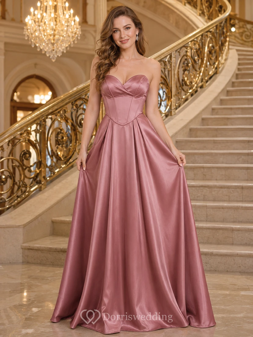 Dusty Rose Strapless Sweetheart Satin Ball Gown Dress
