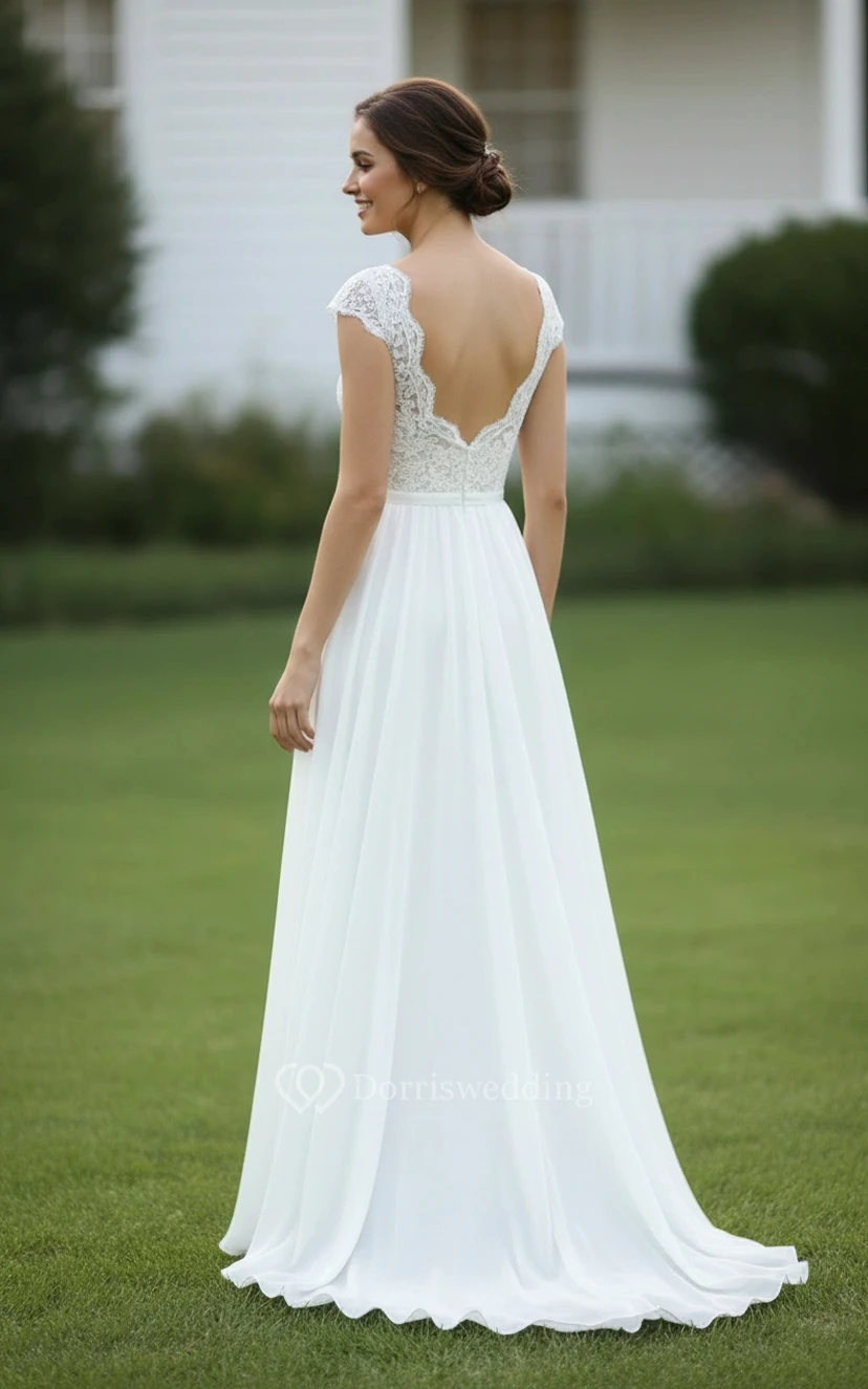 Robe de mariée classique en dentelle à manches courtes - Robe de mariée trapèze en mousseline à décolleté illusion view 2