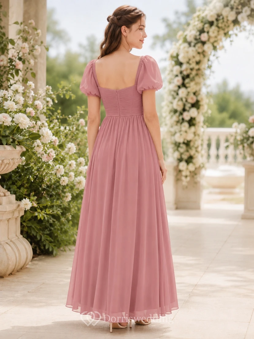 Vestido de dama de honor juvenil color rosa empolvado, corte en A, escote corazón, manga corta, falda abullonada/globo plisada, estilo romántico. view 2