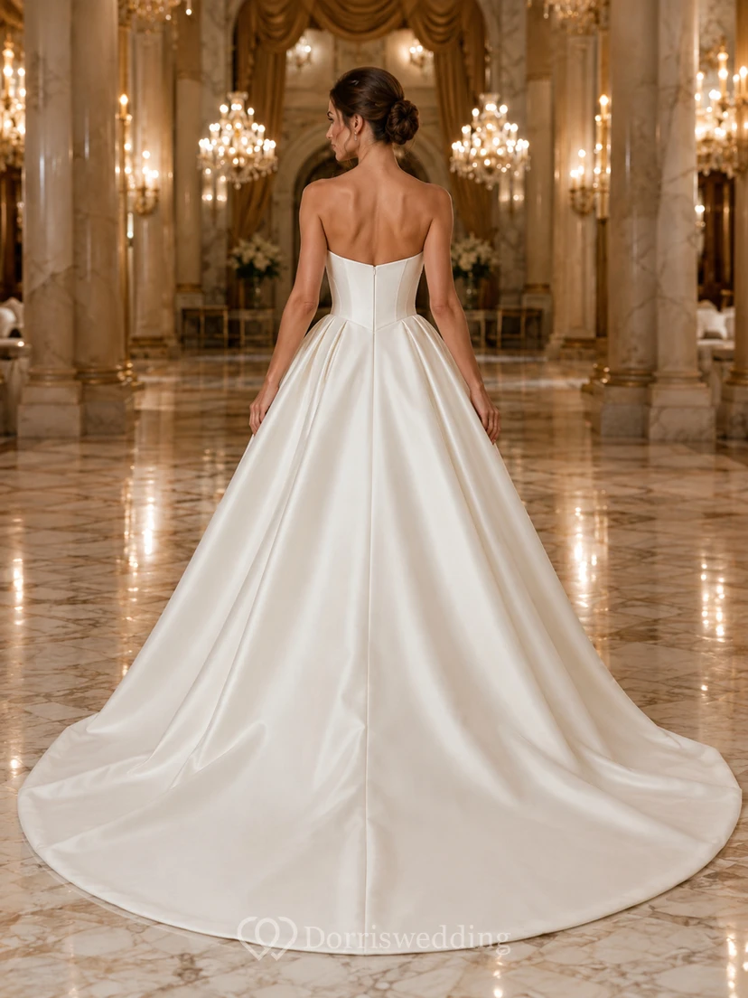 Vestido de novia minimalista de satén, estilo princesa, sin tirantes, escote corazón, cola de corte. view 2